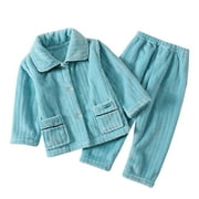 Child Fleece Pajama Sets Button Down Long Sleeve Shirt And Long Pants Boys Girls Solid Color Loungewear 2PCS Soft Child Streetwear